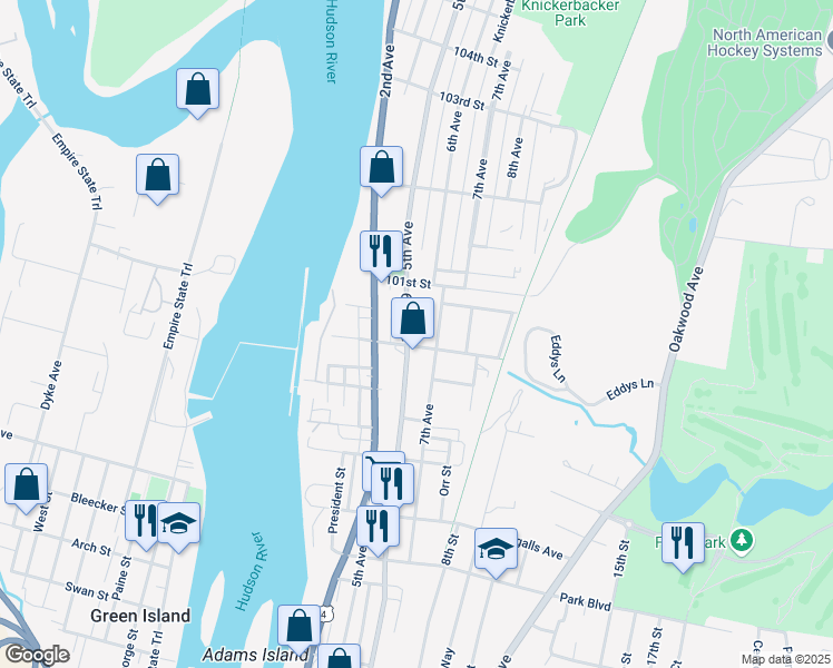map of restaurants, bars, coffee shops, grocery stores, and more near 3275 6th Avenue in Troy