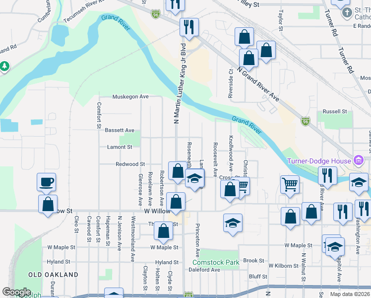 map of restaurants, bars, coffee shops, grocery stores, and more near 1028 Queen Street in Lansing