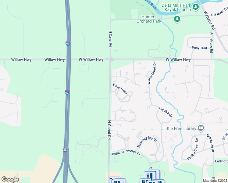 map of restaurants, bars, coffee shops, grocery stores, and more near 1620 North Canal Road in Lansing