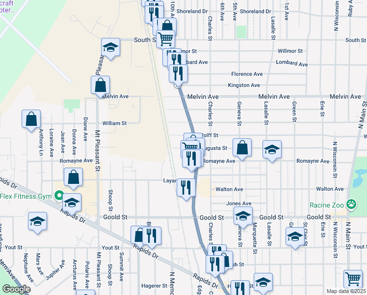 map of restaurants, bars, coffee shops, grocery stores, and more near 1529 Augusta Street in Racine