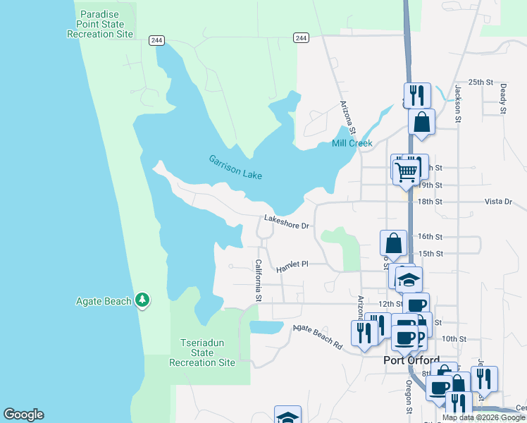 map of restaurants, bars, coffee shops, grocery stores, and more near 1008 Lakeshore Drive in Port Orford
