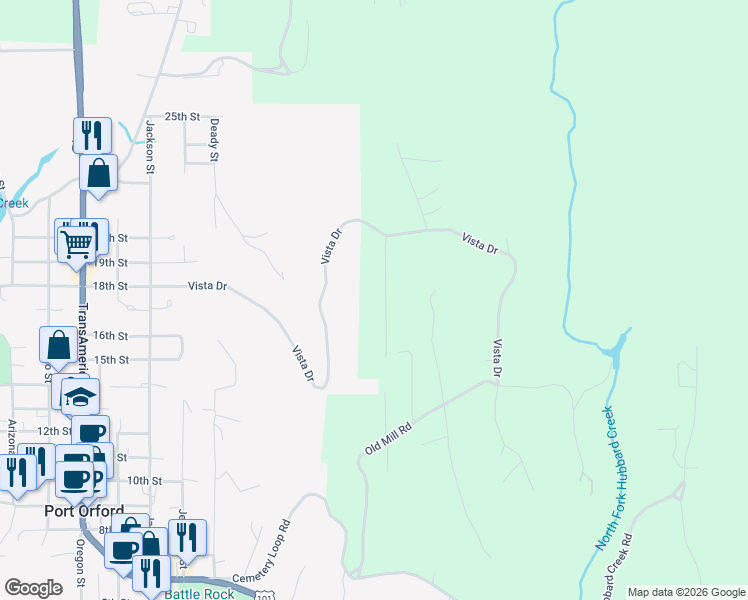 map of restaurants, bars, coffee shops, grocery stores, and more near 42154 Gold Run Road in Port Orford