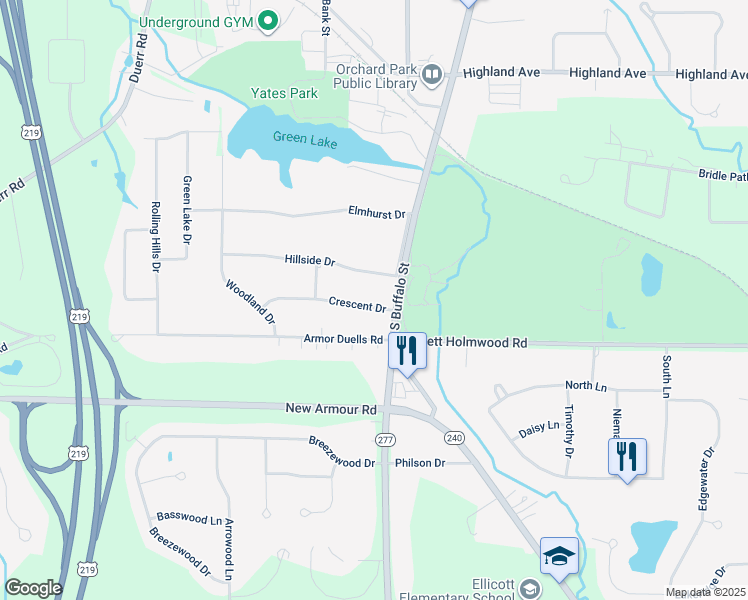 map of restaurants, bars, coffee shops, grocery stores, and more near 46 Crescent Drive in Orchard Park