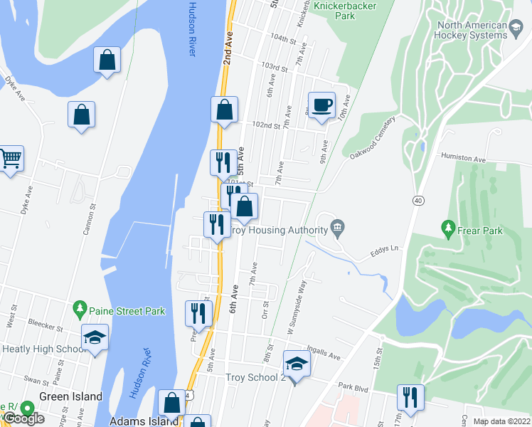 map of restaurants, bars, coffee shops, grocery stores, and more near 3316 7th Avenue in Troy