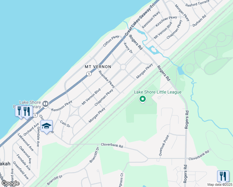 map of restaurants, bars, coffee shops, grocery stores, and more near 4950 Morgan Parkway in Hamburg