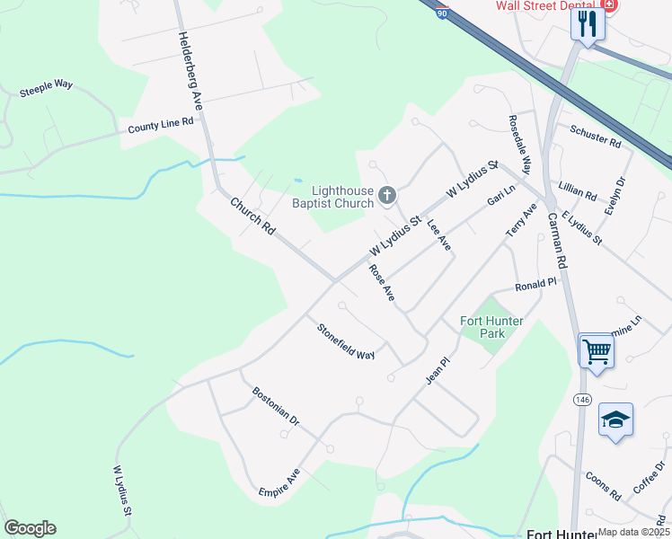 map of restaurants, bars, coffee shops, grocery stores, and more near 7320 Church Road in Schenectady