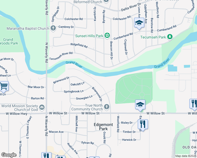 map of restaurants, bars, coffee shops, grocery stores, and more near 3201 Tecumseh River Road in Lansing