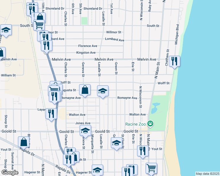 map of restaurants, bars, coffee shops, grocery stores, and more near 823 Wolff Street in Racine