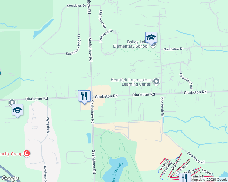 map of restaurants, bars, coffee shops, grocery stores, and more near 5640 Clarkston Road in Clarkston