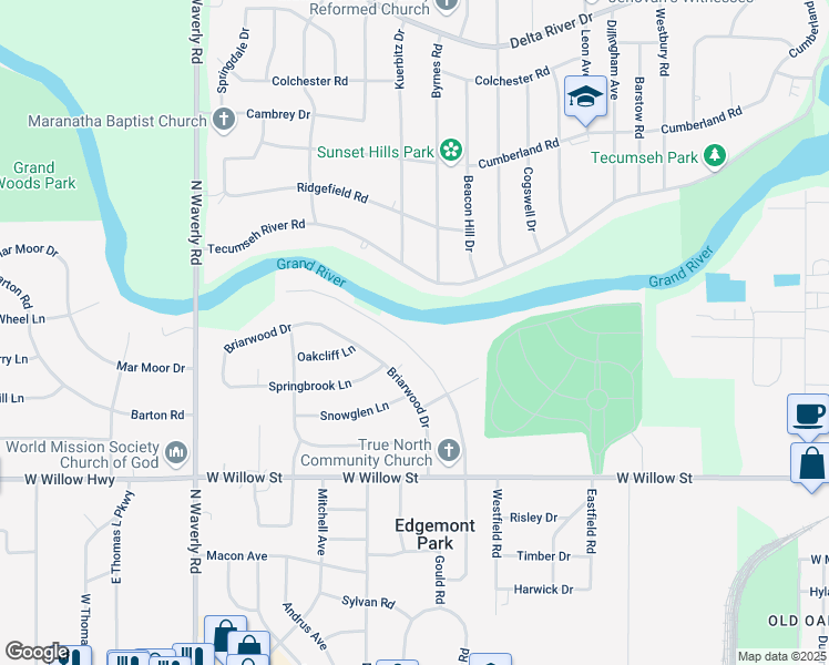 map of restaurants, bars, coffee shops, grocery stores, and more near 3201 Tecumseh River Road in Lansing