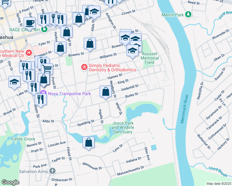 map of restaurants, bars, coffee shops, grocery stores, and more near 48 Underhill Street in Nashua