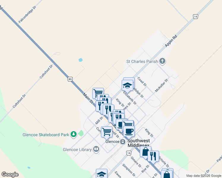 map of restaurants, bars, coffee shops, grocery stores, and more near 188-198 John Street in Glencoe