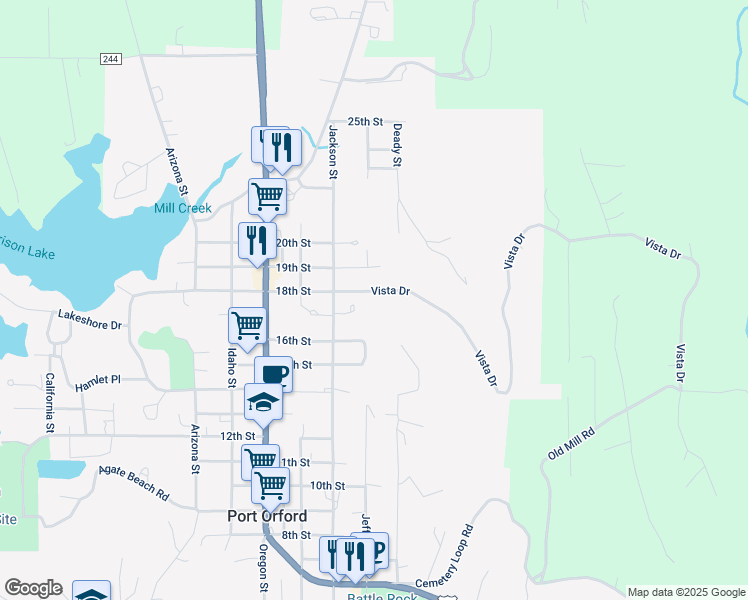 map of restaurants, bars, coffee shops, grocery stores, and more near 157 19th Street in Port Orford