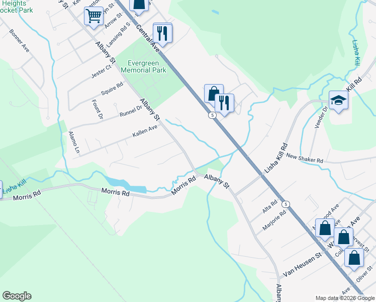 map of restaurants, bars, coffee shops, grocery stores, and more near 4051 Albany Street in Schenectady