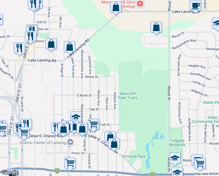 map of restaurants, bars, coffee shops, grocery stores, and more near 1703 Ohio Avenue in Lansing