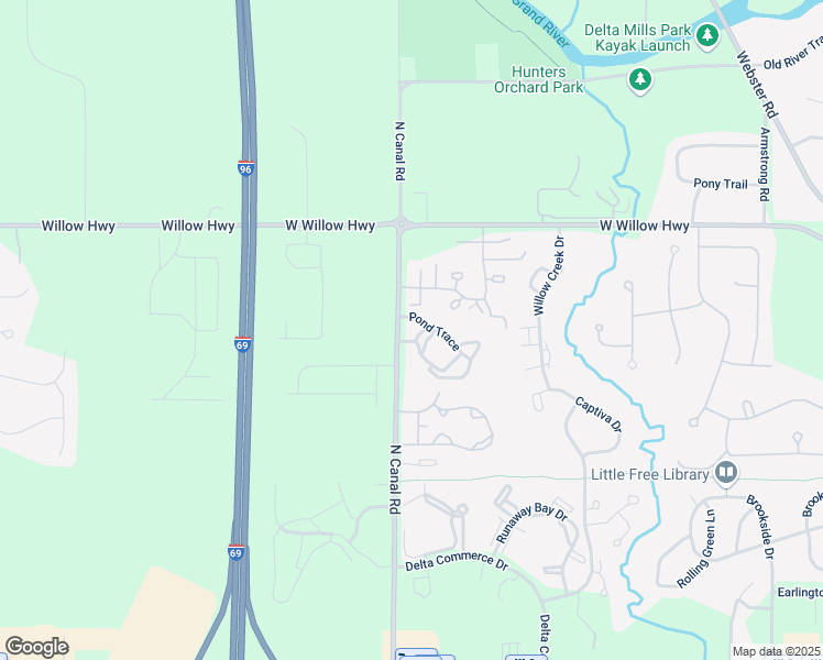 map of restaurants, bars, coffee shops, grocery stores, and more near 7520 Waters Edge in Lansing