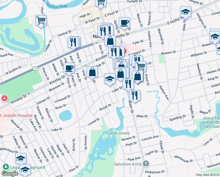 map of restaurants, bars, coffee shops, grocery stores, and more near 117 Elm Street in Nashua
