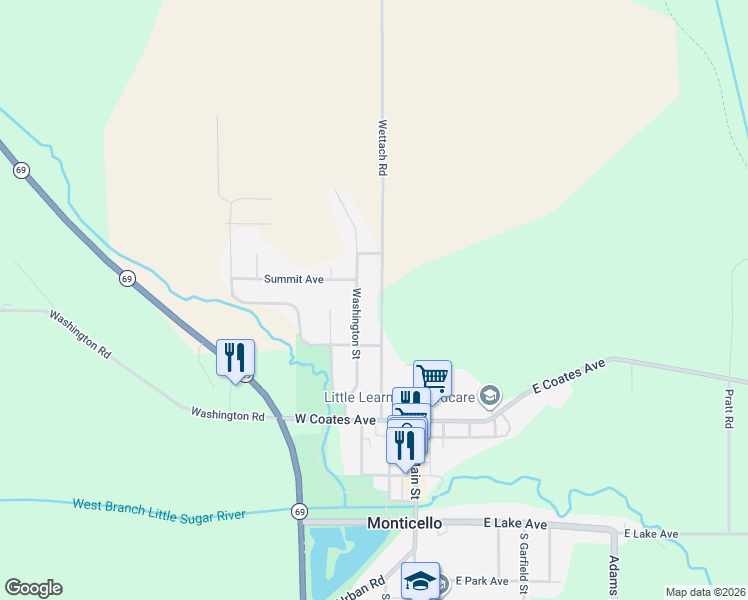 map of restaurants, bars, coffee shops, grocery stores, and more near 588 Washington Street in Monticello