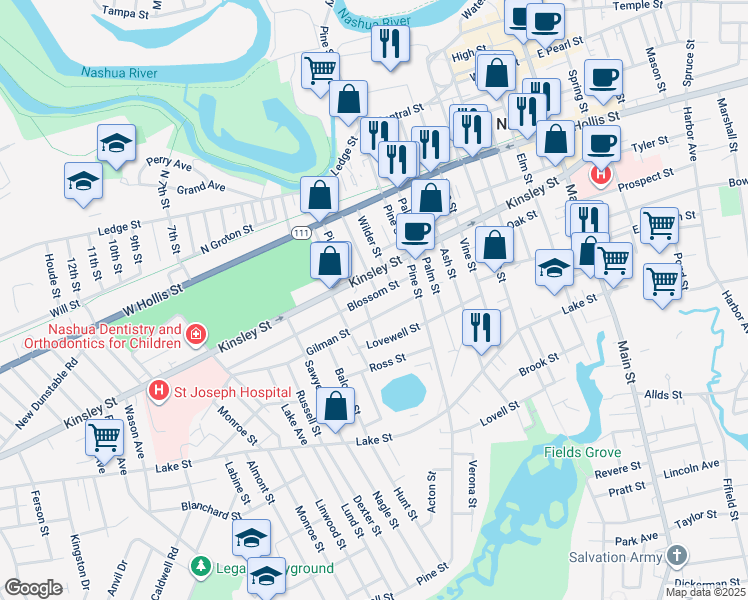 map of restaurants, bars, coffee shops, grocery stores, and more near 82 Kinsley Street in Nashua