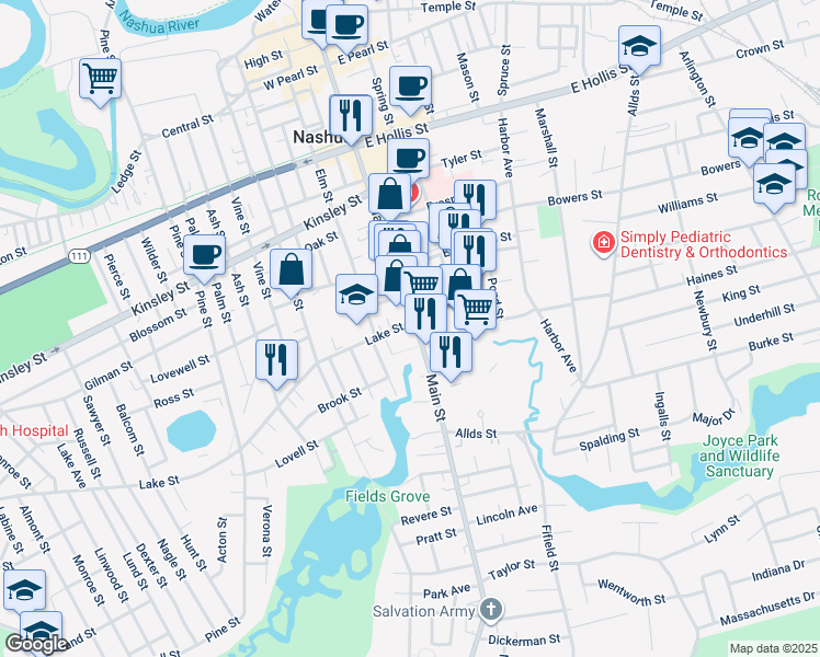 map of restaurants, bars, coffee shops, grocery stores, and more near 59 Lake Street in Nashua