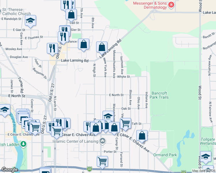 map of restaurants, bars, coffee shops, grocery stores, and more near 1704 New York Avenue in Lansing
