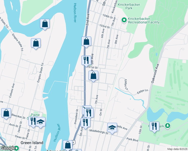 map of restaurants, bars, coffee shops, grocery stores, and more near 3349 6th Avenue in Troy