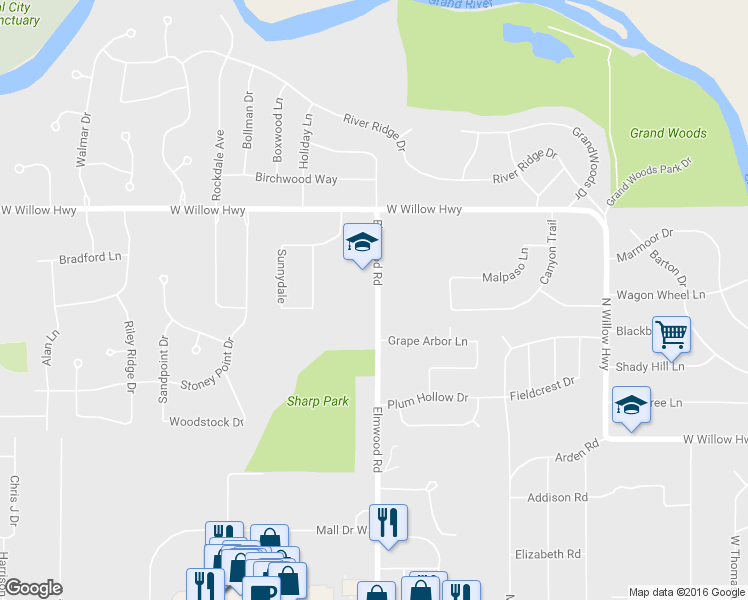 map of restaurants, bars, coffee shops, grocery stores, and more near 1533 Elmwood Road in Lansing