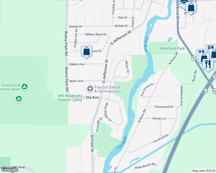map of restaurants, bars, coffee shops, grocery stores, and more near 703 River Ridge Drive in Waterford