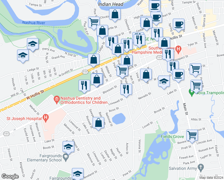 map of restaurants, bars, coffee shops, grocery stores, and more near 82 Kinsley Street in Nashua