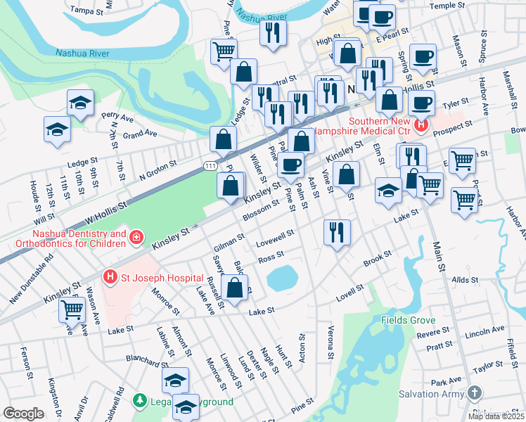 map of restaurants, bars, coffee shops, grocery stores, and more near 82 Kinsley Street in Nashua