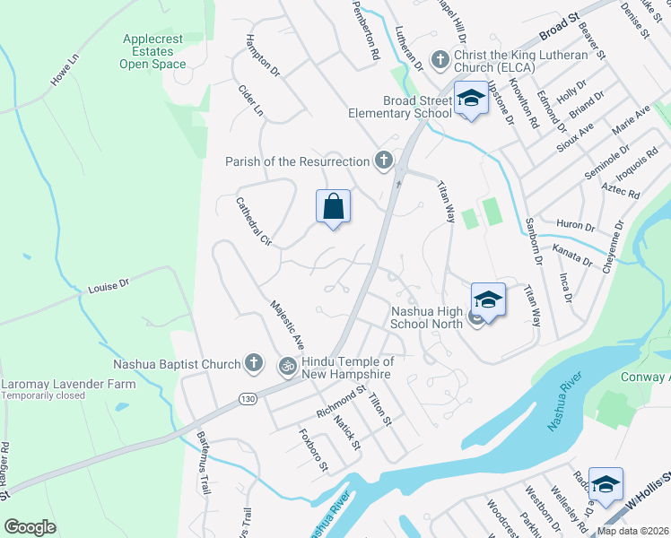 map of restaurants, bars, coffee shops, grocery stores, and more near 5 Grimsby Lane in Nashua