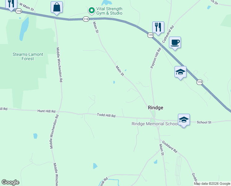 map of restaurants, bars, coffee shops, grocery stores, and more near 102 Main Street in Rindge
