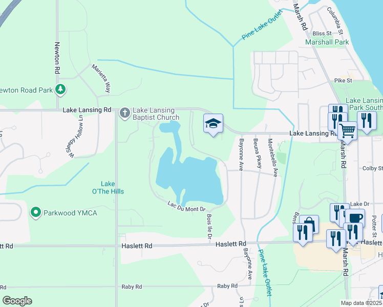 map of restaurants, bars, coffee shops, grocery stores, and more near 5937 Bois Ile Drive in Meridian charter Township