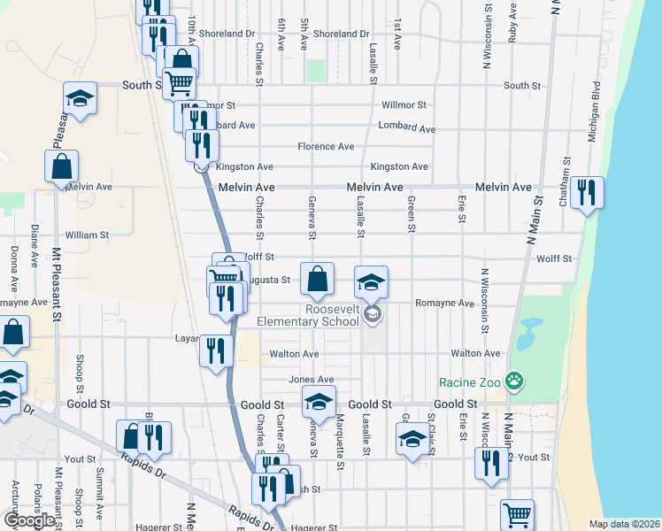 map of restaurants, bars, coffee shops, grocery stores, and more near 1106 Wolff Street in Racine