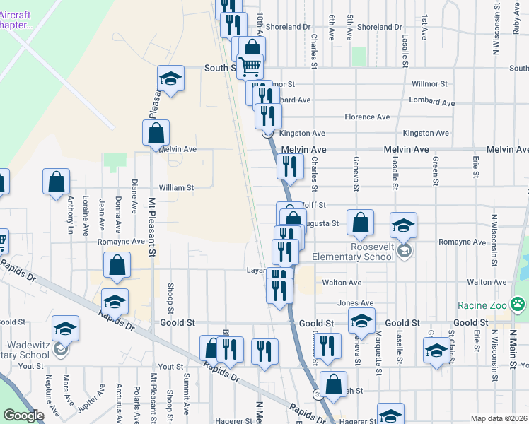 map of restaurants, bars, coffee shops, grocery stores, and more near 1532 Wolff Street in Racine