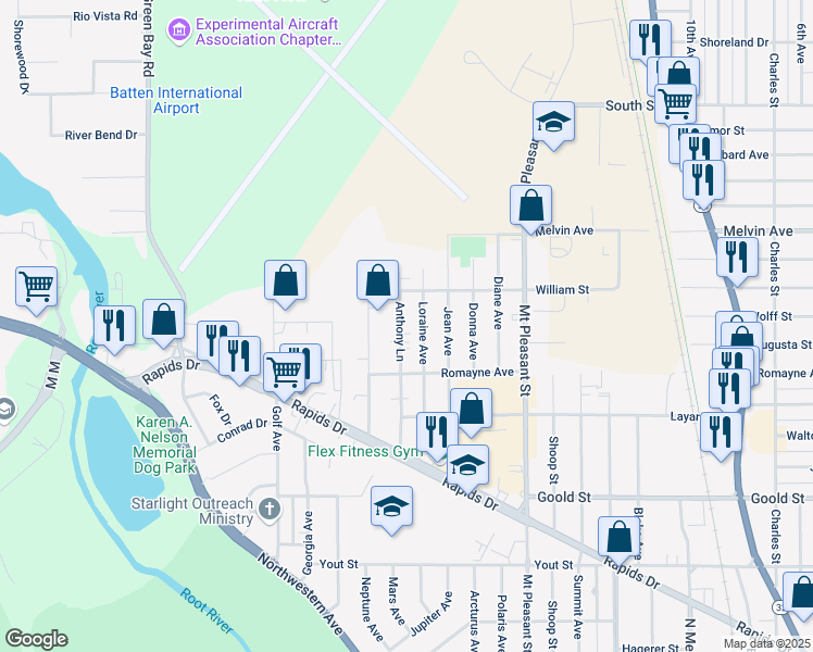 map of restaurants, bars, coffee shops, grocery stores, and more near 2627 Jacato Drive in Racine
