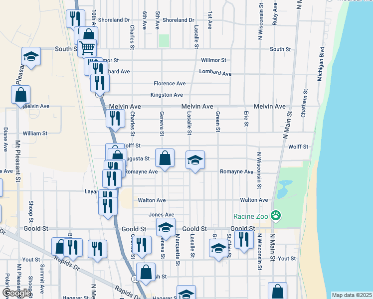 map of restaurants, bars, coffee shops, grocery stores, and more near 2618 Lasalle Street in Racine