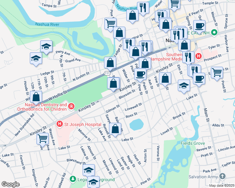 map of restaurants, bars, coffee shops, grocery stores, and more near 92 Kinsley Street in Nashua