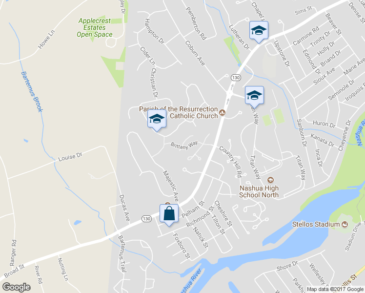 map of restaurants, bars, coffee shops, grocery stores, and more near 5 Grimsby Lane in Nashua
