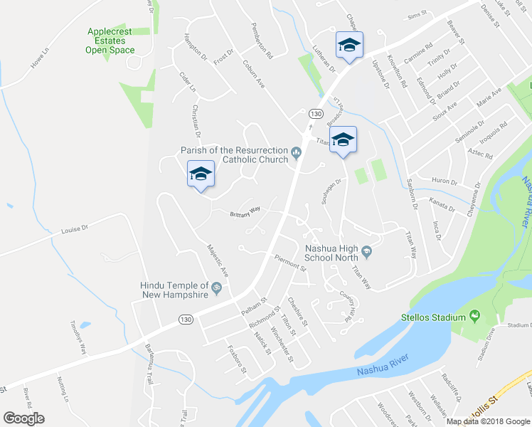 map of restaurants, bars, coffee shops, grocery stores, and more near 9 Gloucester Lane in Nashua