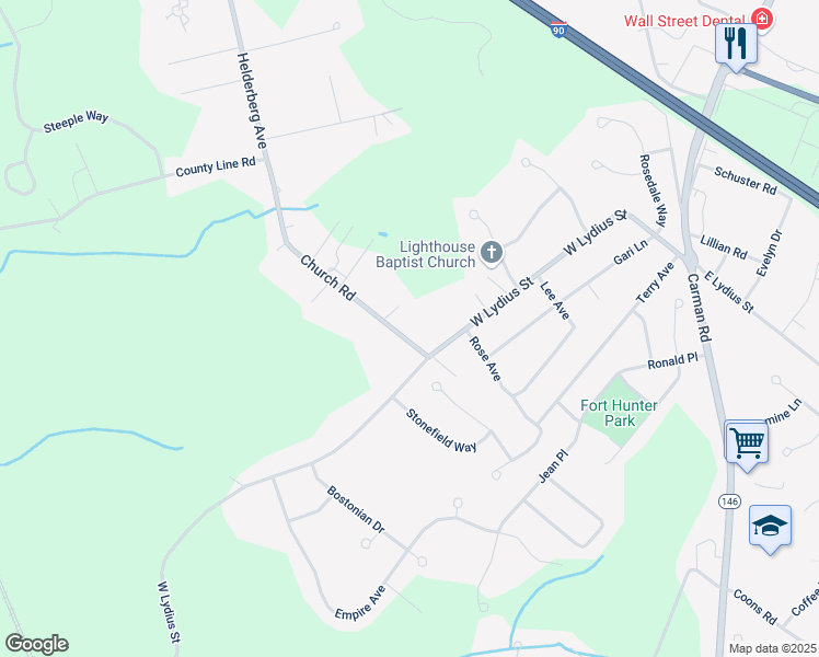 map of restaurants, bars, coffee shops, grocery stores, and more near 7320 Church Road in Schenectady