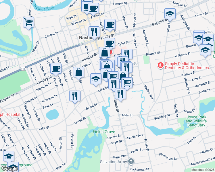 map of restaurants, bars, coffee shops, grocery stores, and more near 59 Lake Street in Nashua
