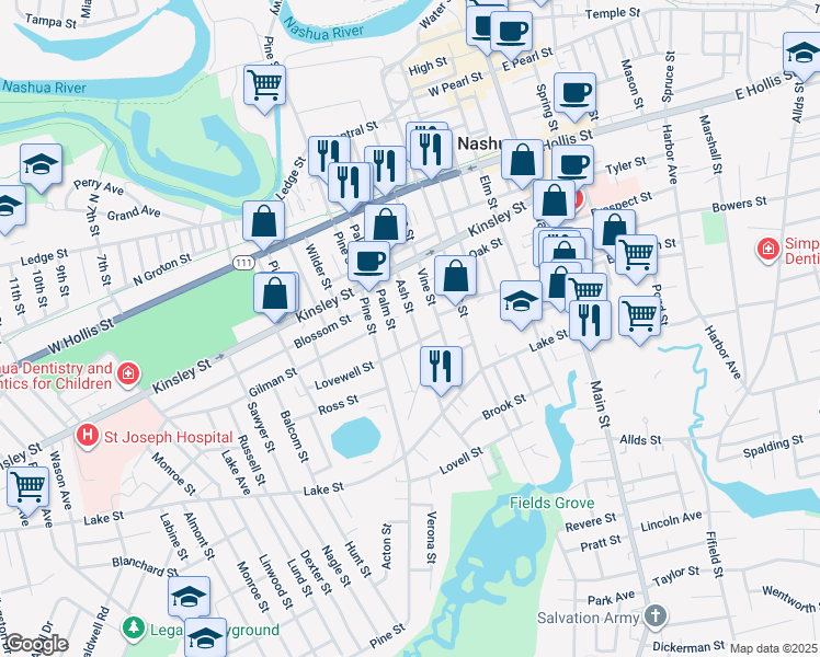 map of restaurants, bars, coffee shops, grocery stores, and more near 109 Vine Street in Nashua