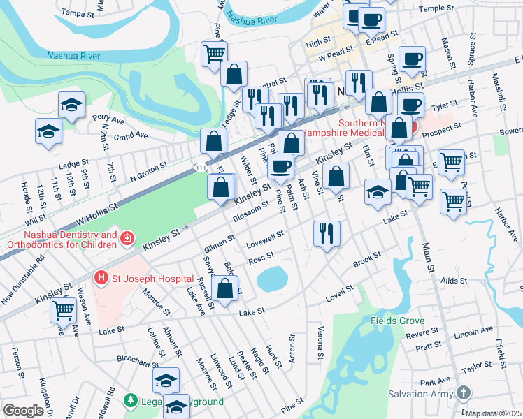 map of restaurants, bars, coffee shops, grocery stores, and more near 8 Blossom Street in Nashua