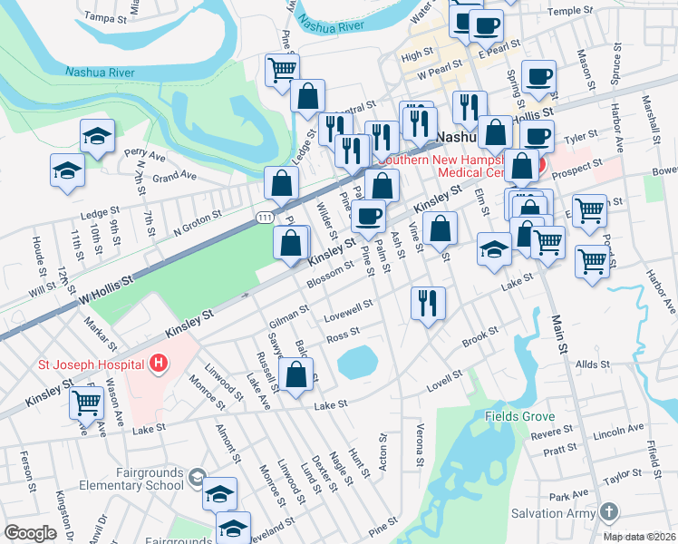 map of restaurants, bars, coffee shops, grocery stores, and more near 8 Blossom Street in Nashua