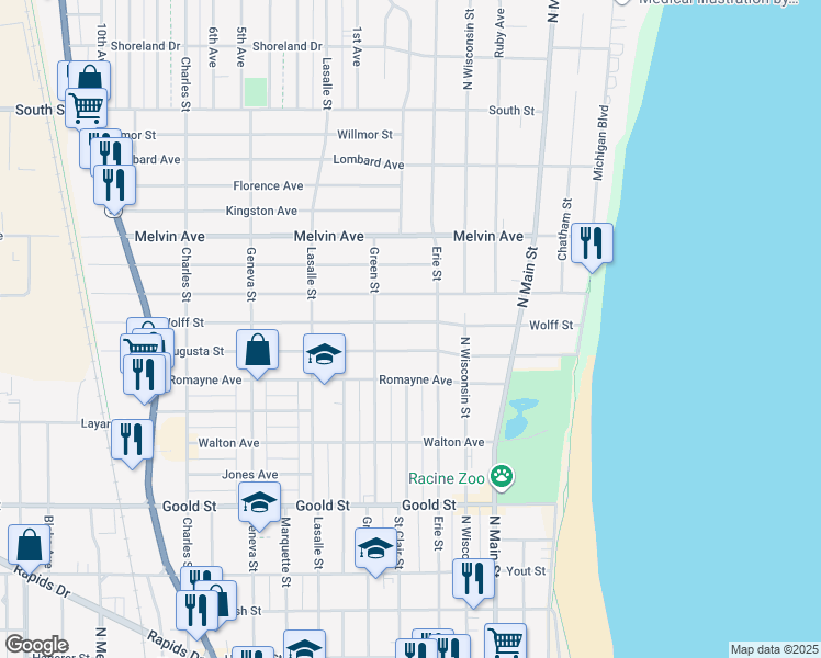 map of restaurants, bars, coffee shops, grocery stores, and more near 601 Wolff Street in Racine