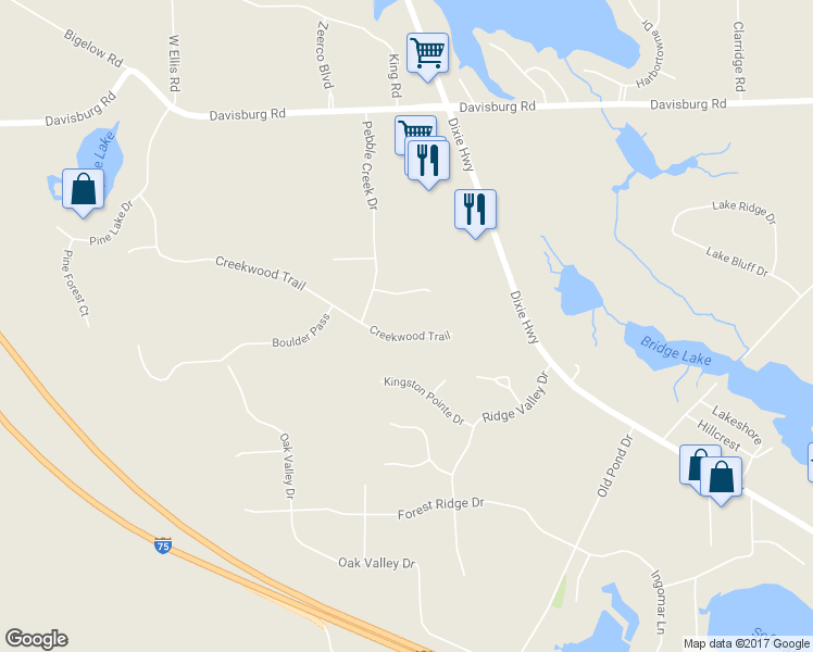 map of restaurants, bars, coffee shops, grocery stores, and more near 9906 Creekwood Trail in Oakland County