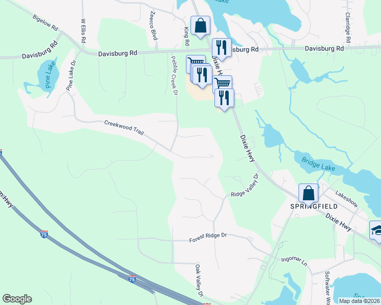 map of restaurants, bars, coffee shops, grocery stores, and more near 9906 Creekwood Trail in Oakland County