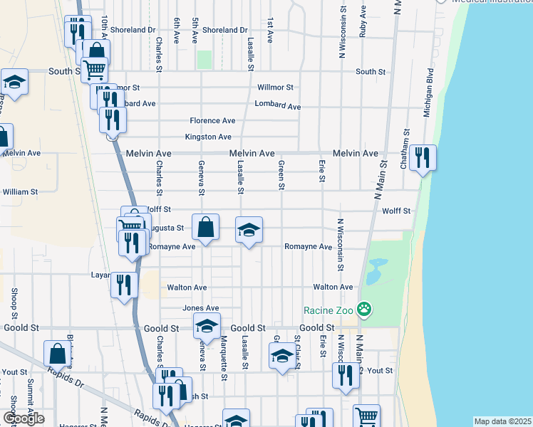 map of restaurants, bars, coffee shops, grocery stores, and more near 823 Wolff Street in Racine