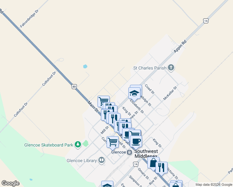 map of restaurants, bars, coffee shops, grocery stores, and more near 188-198 John Street in Glencoe